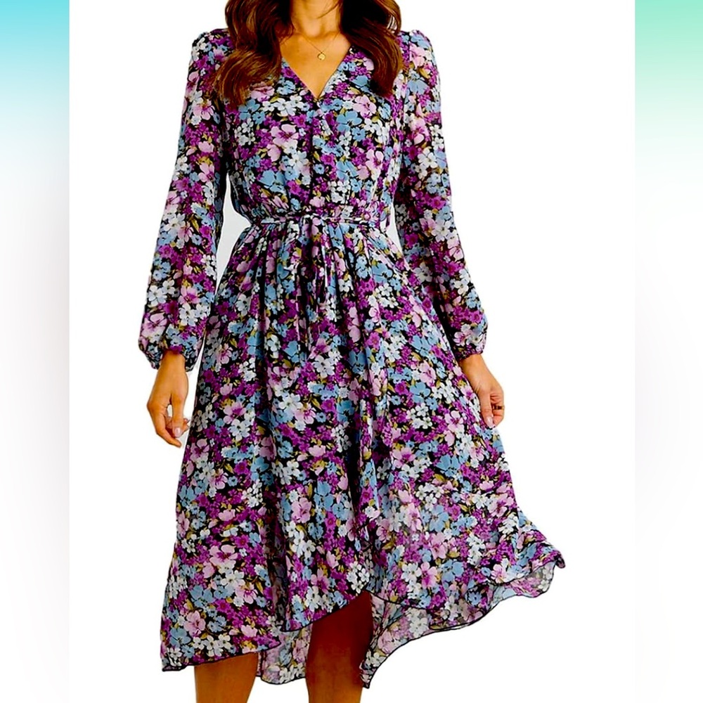 PRETTYGARDEN Floral Boho Wrap Midi Dress Blue/Purple – Size M